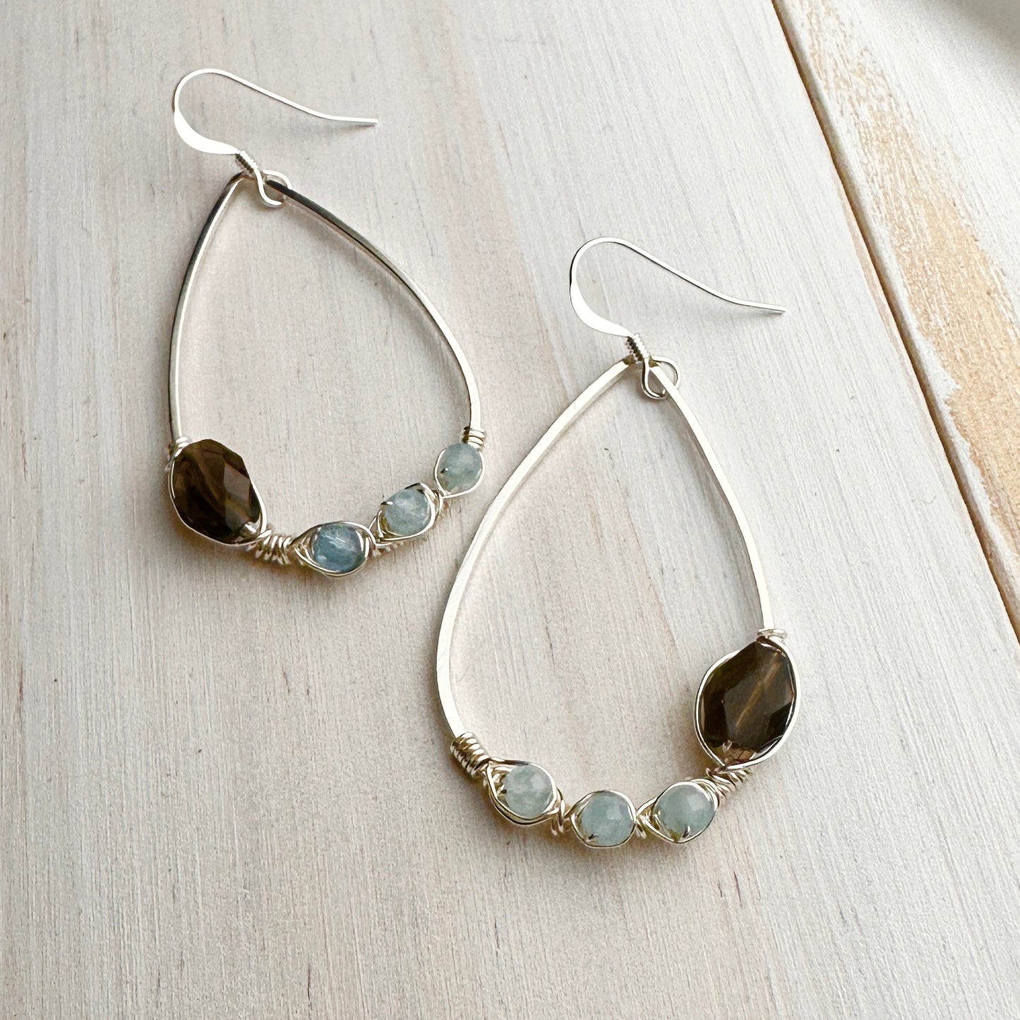2" Silver Earrings with Smokey Quartz and Blue Lace Agate Stones