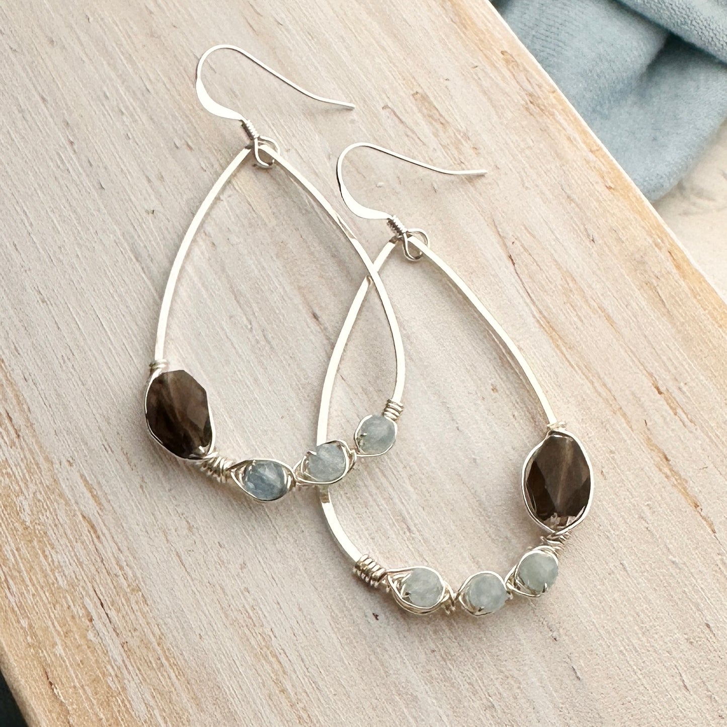 2" Silver Earrings with Smokey Quartz and Blue Lace Agate Stones