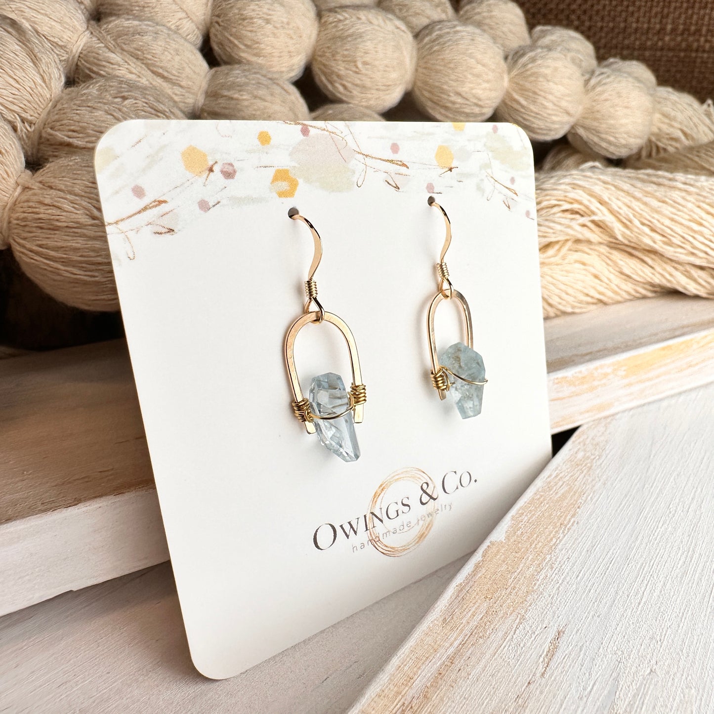 1" 14k Gold Fill Earrings with Raw Cut Aquamarine Stones