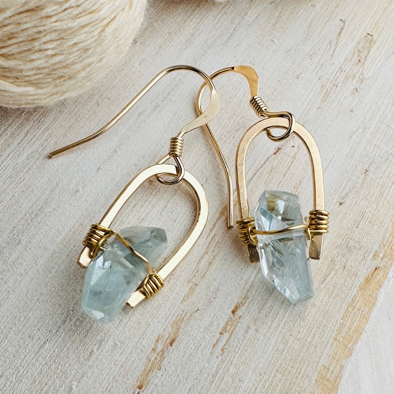 1" 14k Gold Fill Earrings with Raw Cut Aquamarine Stones