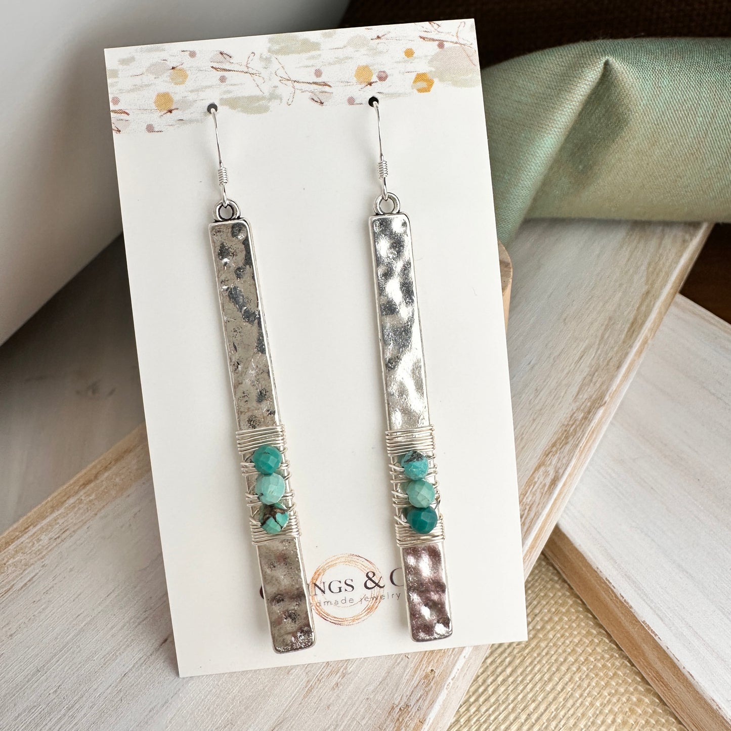 3" Hammered Silver Bar Earrings with Faceted Tibetan Turquoise Stones