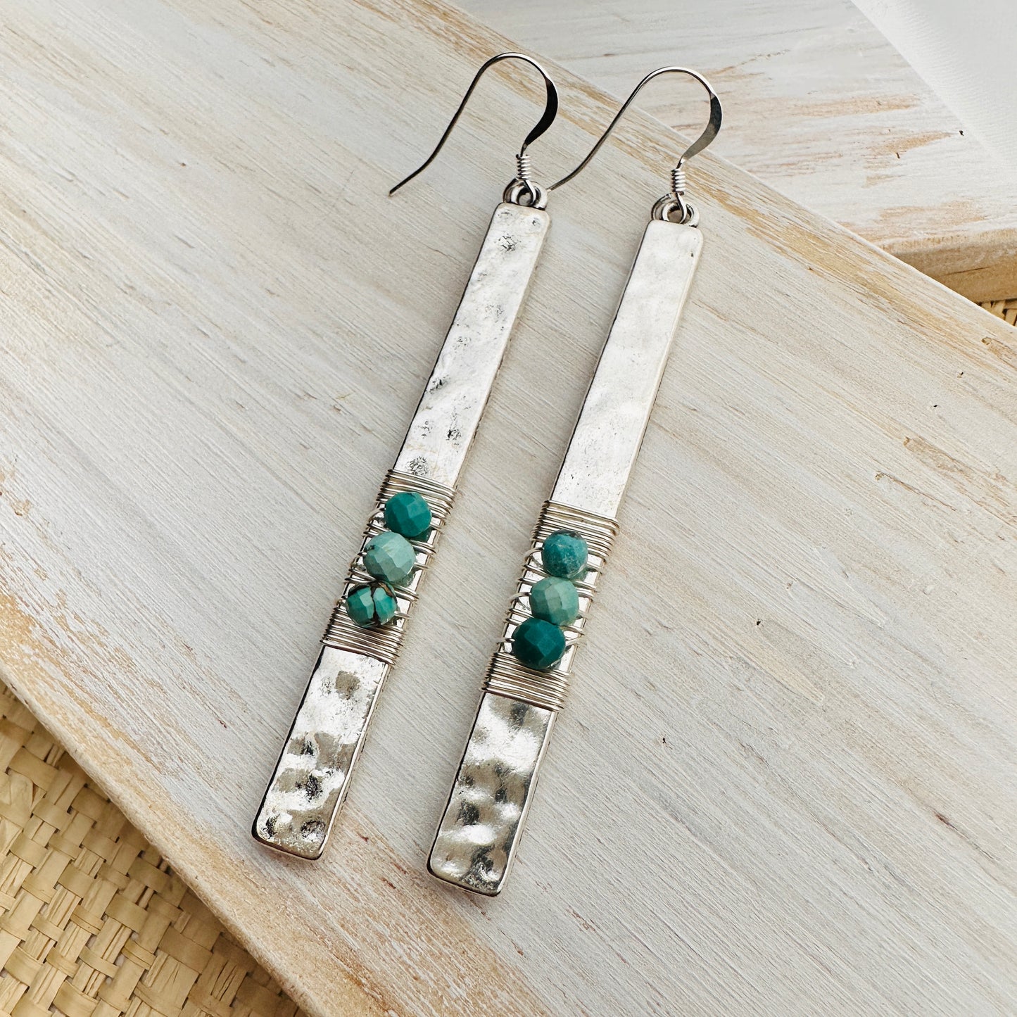 3" Hammered Silver Bar Earrings with Faceted Tibetan Turquoise Stones