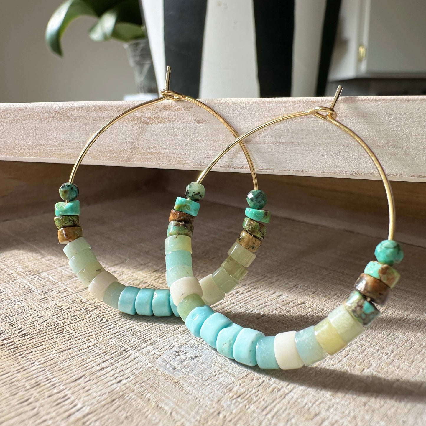 Easy Hoops with Turquoise and Aquamarine Stones