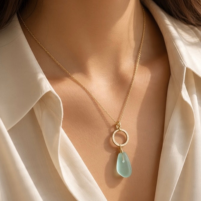 Sea Glass Gold Necklace Adjustable 16"-18"
