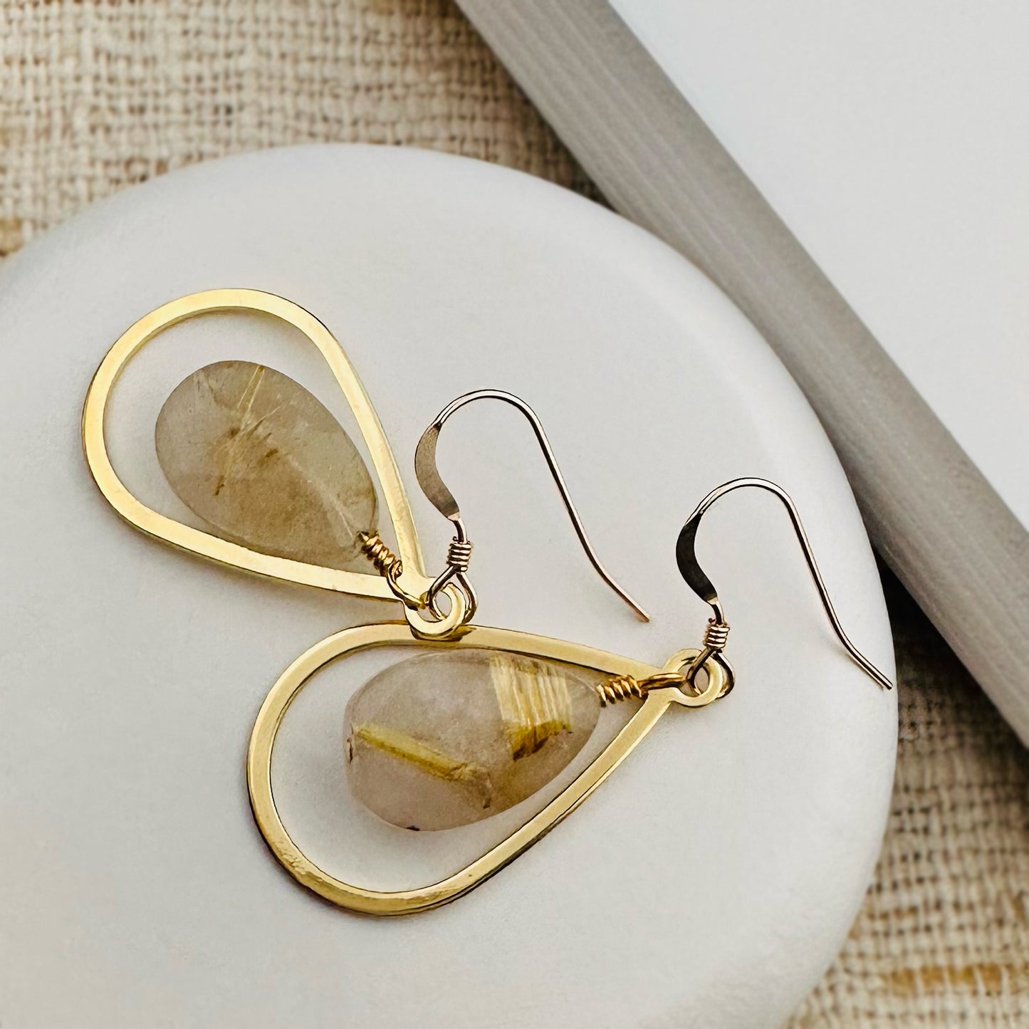 14k Gold Earrings with Rutilated Quartz Stones