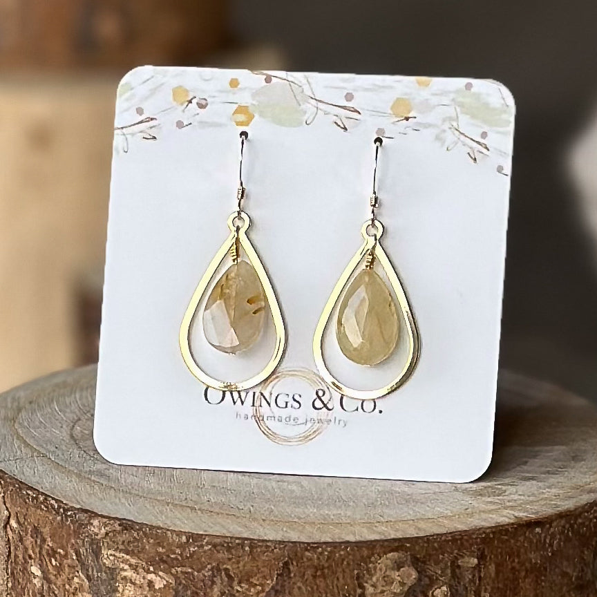 14k Gold Earrings with Rutilated Quartz Stones