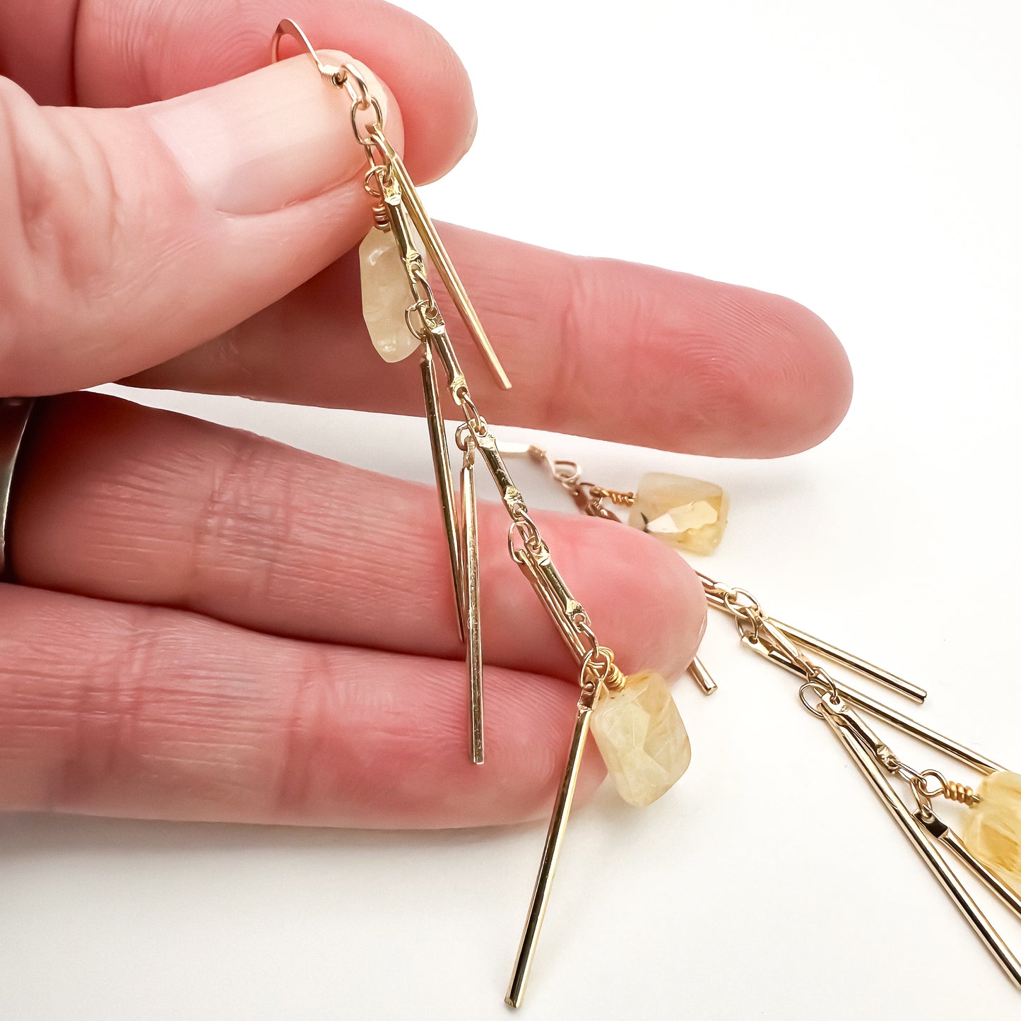 Rutilated Quartz Stone Earrings, 3" Long