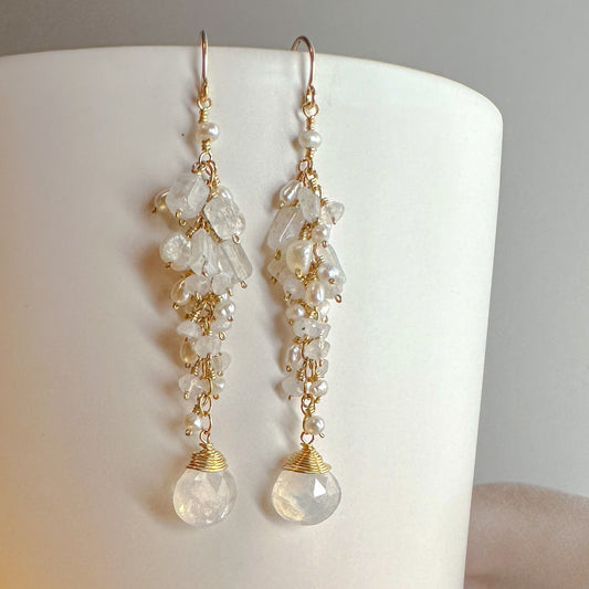 2 1/2" Moonstone and Pearl Earrings