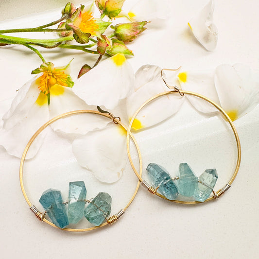 Aquamarine Earrings on 1 1/2" Raw Brass Hoops