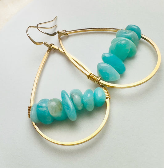 Amazonite and Gold Earrings 2" Long