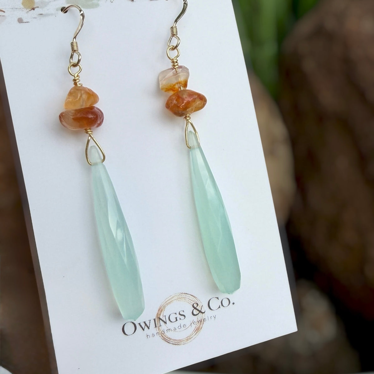 Carnelian and Aqua Blue Chalcedony Drop Earrings in Gold