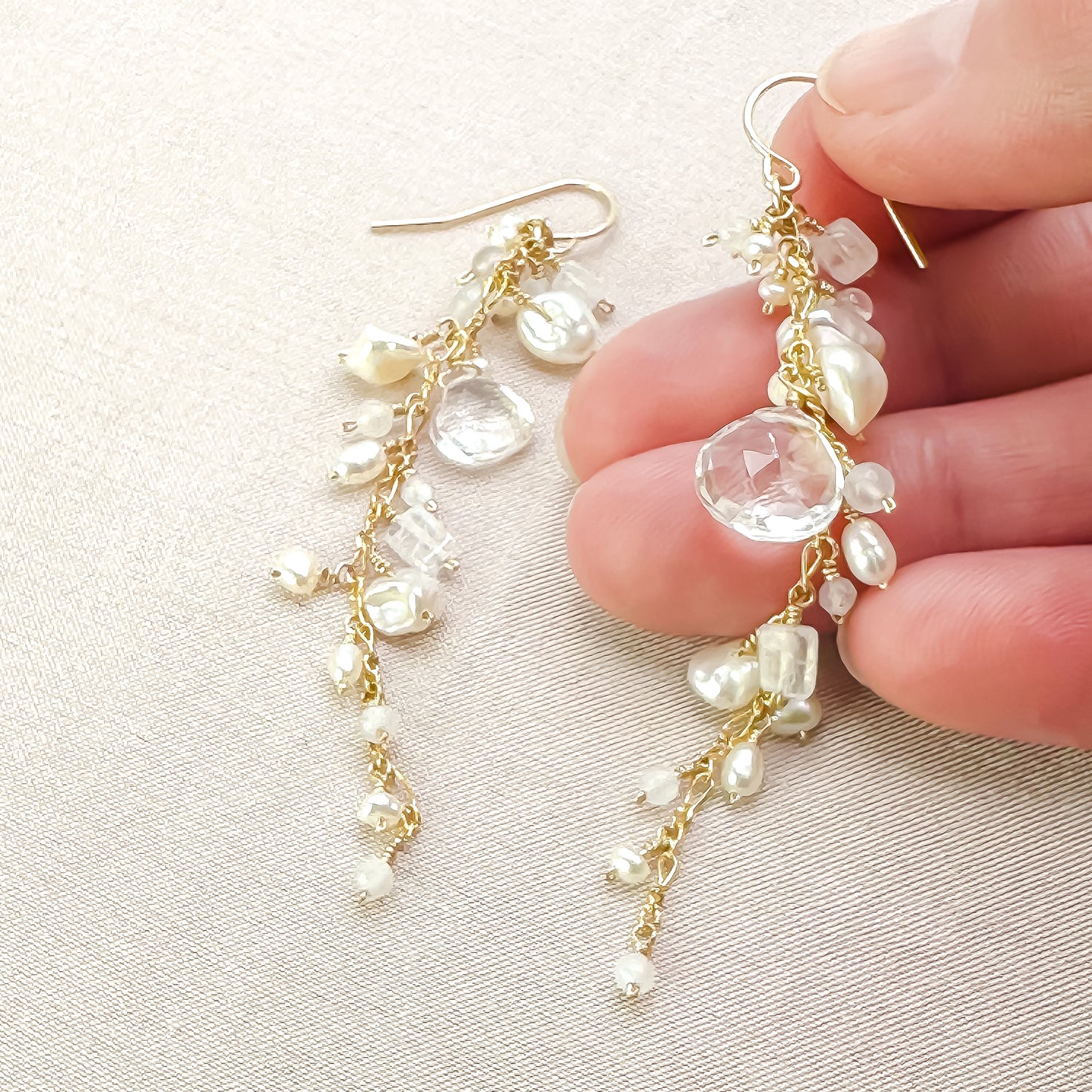 3" Crystal Quartz and Pearl Earrings