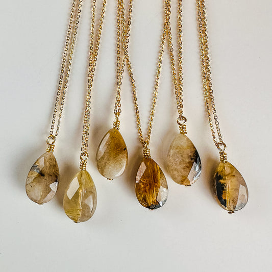 Dark Rutile Quartz Teardrop Pendant Necklace