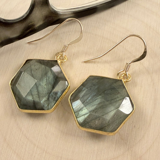 Labradorite Hexagon Gold Bezeled Earrings 1-1/2" long