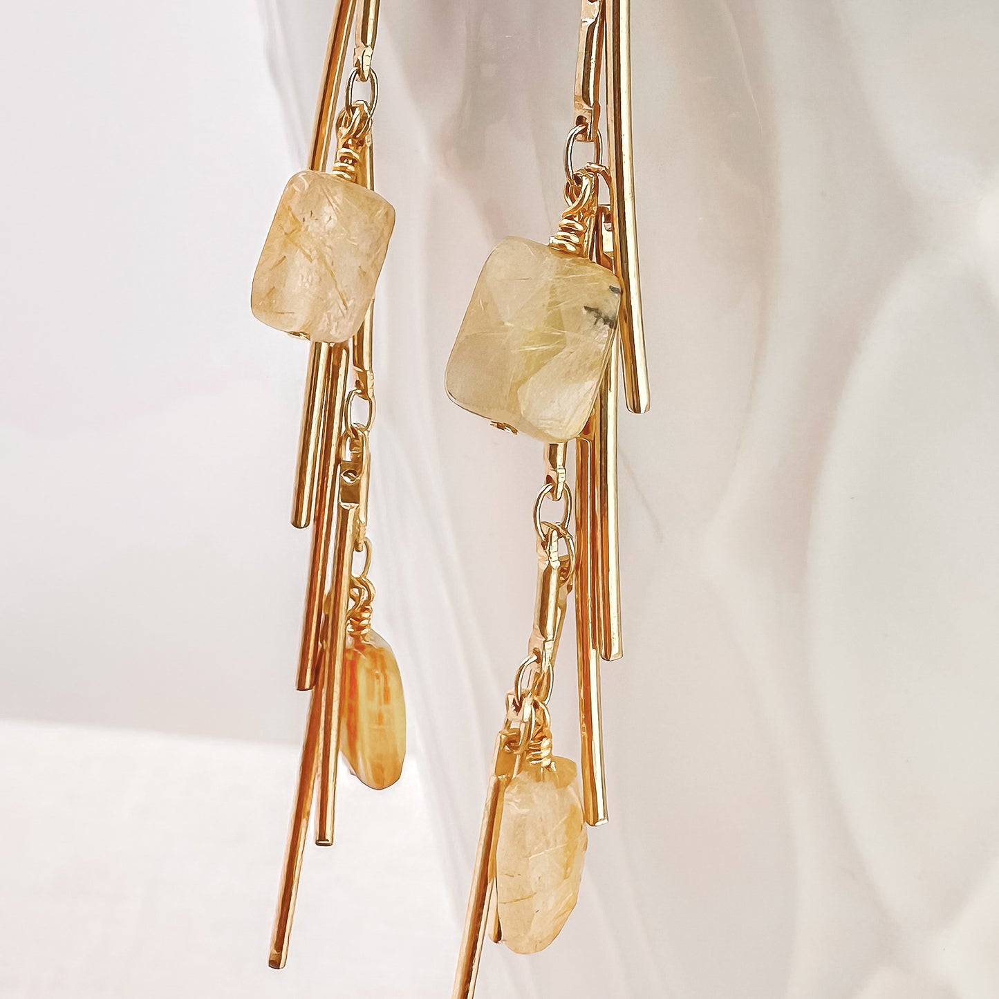 Rutilated Quartz Stone Earrings, 3" Long