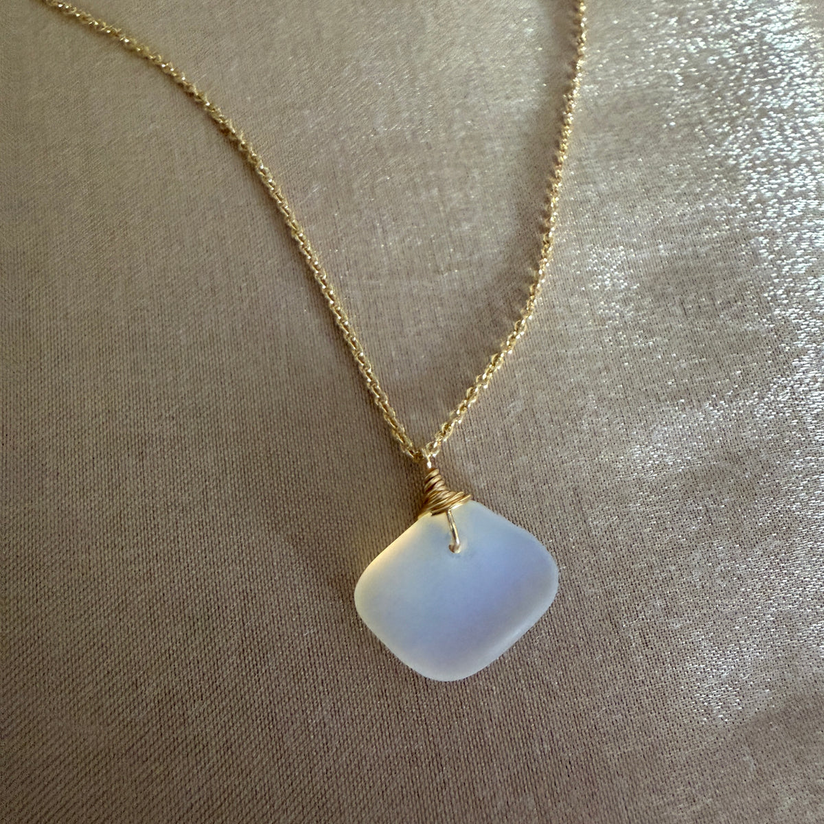White Sea Glass Gold Necklace Adjustable 16"-18"