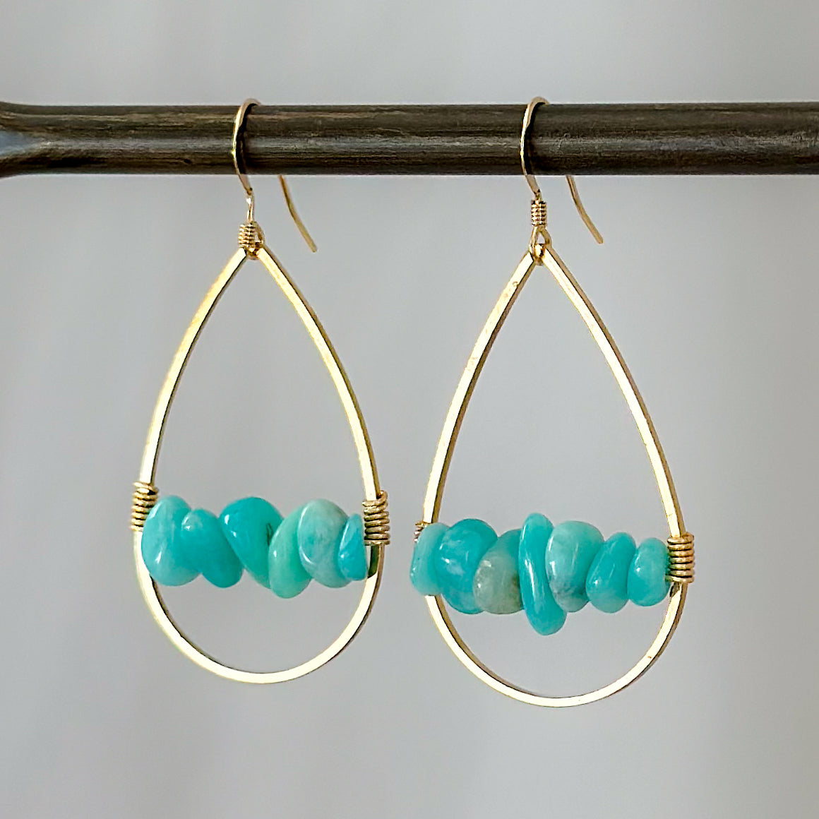 Amazonite and Gold Earrings 2" Long