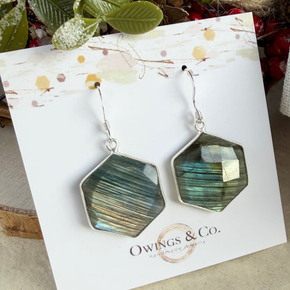 Labradorite Hexagon Silver Earrings