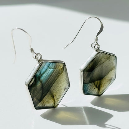 Labradorite Hexagon Silver Earrings
