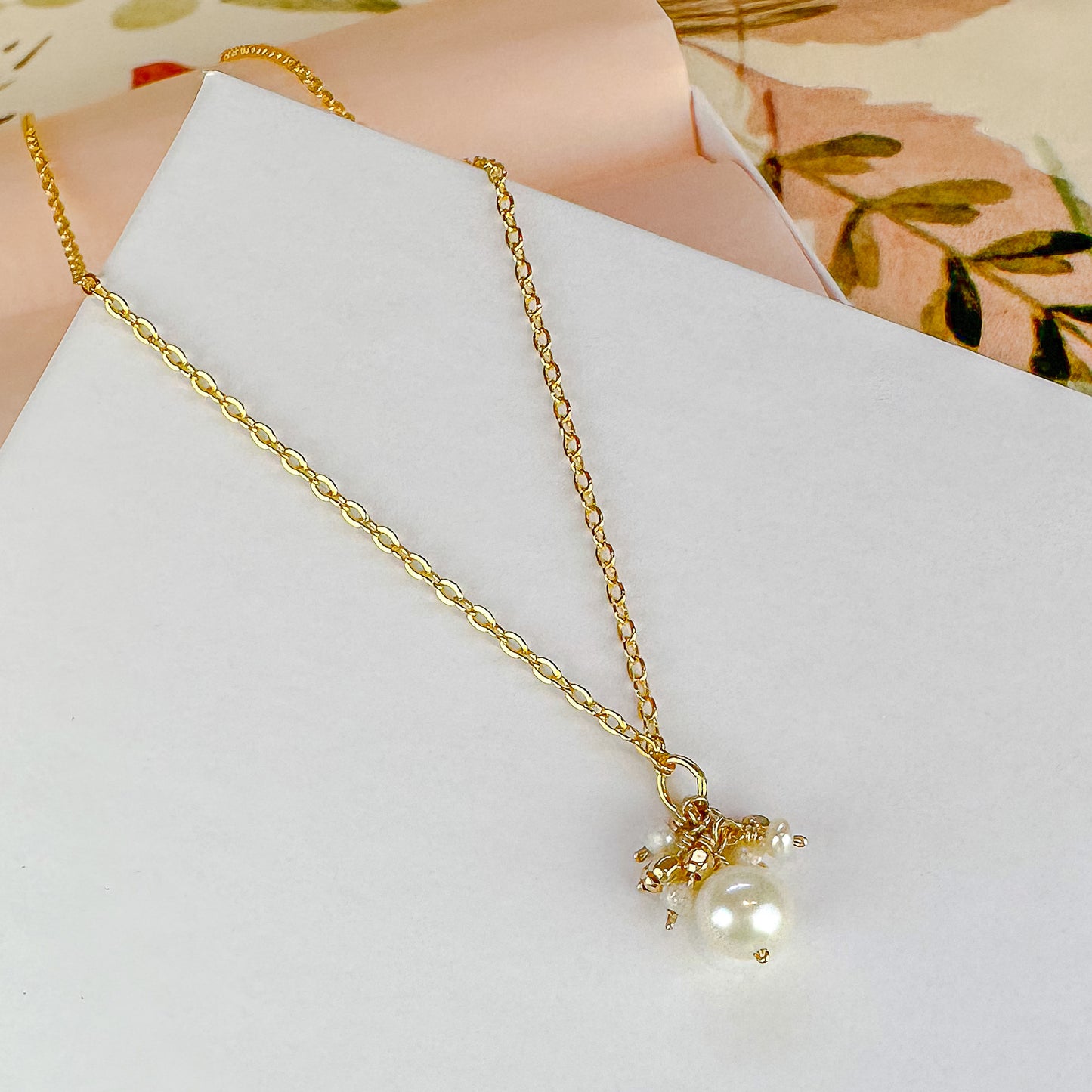 Pearl Cluster Mini Pendant Gold Necklace, 16" & 17"