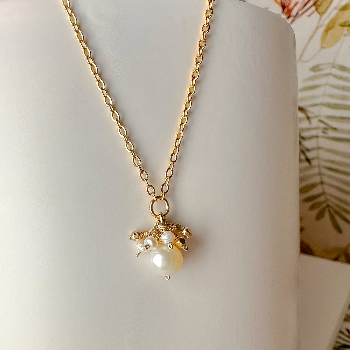 Pearl Cluster Mini Pendant Gold Necklace, 16" & 17"