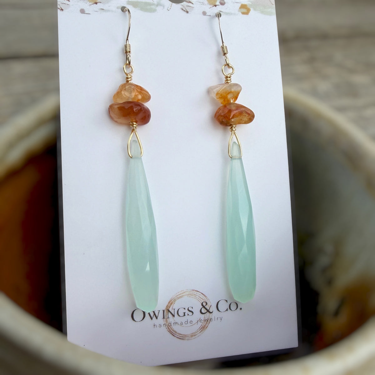 Carnelian and Aqua Blue Chalcedony Drop Earrings in Gold