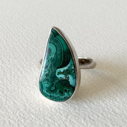 Malachite Adjustable Sterling Silver Ring Size 8-9 (r06)