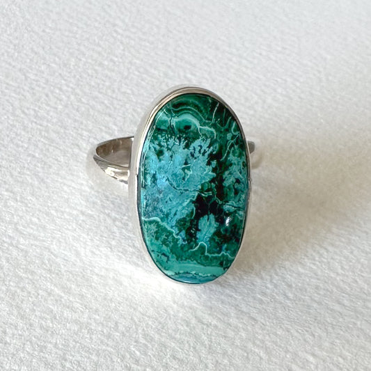 Malachite Adjustable Sterling Silver Ring Size 8-9 (r07)