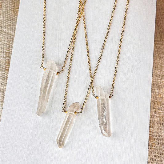 Quartz Crystal Single Pendant Gold Necklace 17" Long