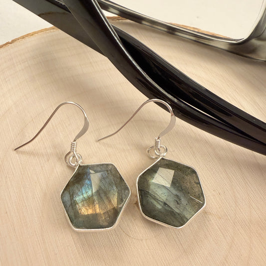 Labradorite Hexagon Silver Bezeled Earrings 1" Long