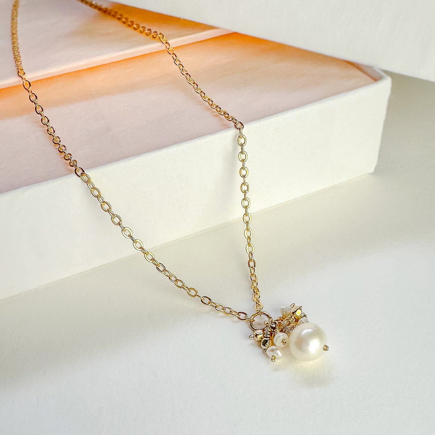 Pearl Cluster Mini Pendant Gold Necklace, 16" & 17"