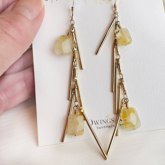 Rutilated Quartz Stone Earrings, 3" Long