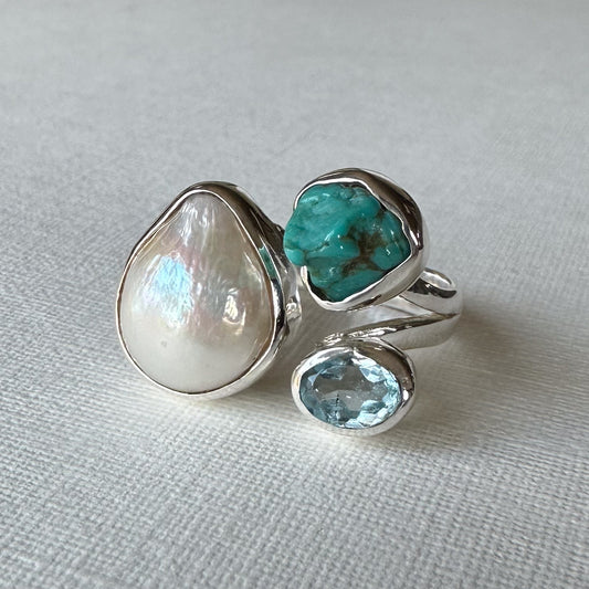 Pearl, Topaz, and Turquoise Adjustable Sterling Silver Ring Size 6.5-7.5 (r37)