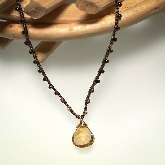 Faceted Citrine Stone on Brown Adjustable Silk Cord Necklace 023