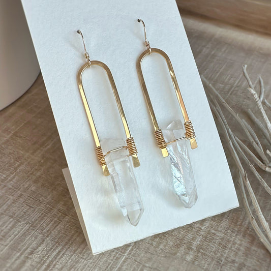 Crystal Quartz and Brass Earrings