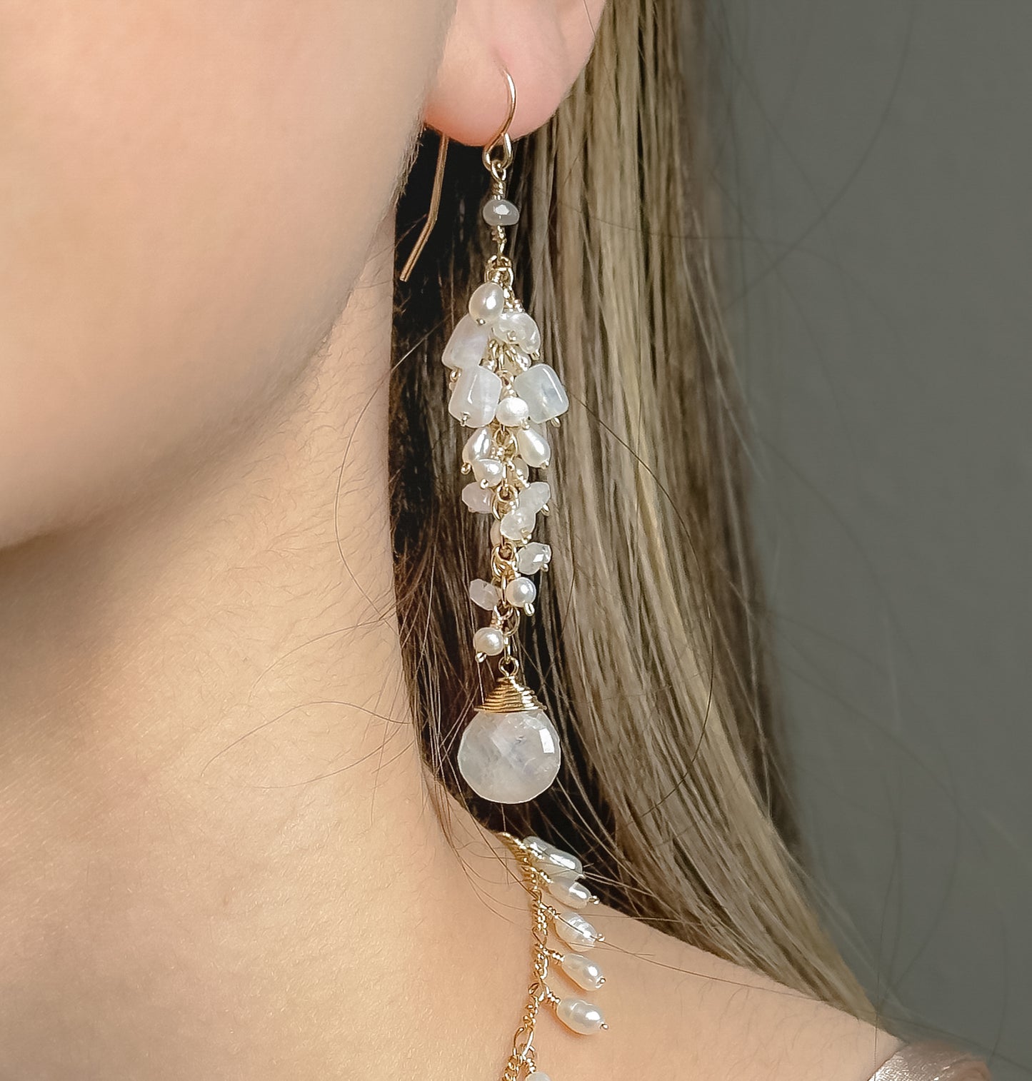 2 1/2" Moonstone and Pearl Earrings