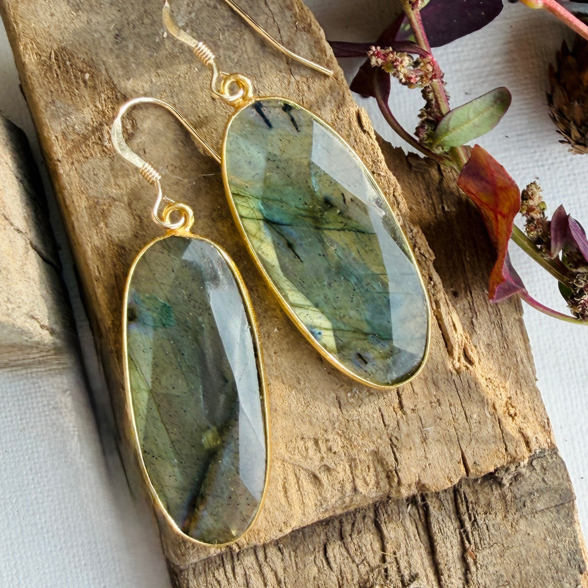 Labradorite Gold Bezel Earrings Oval 2 1/2" Long