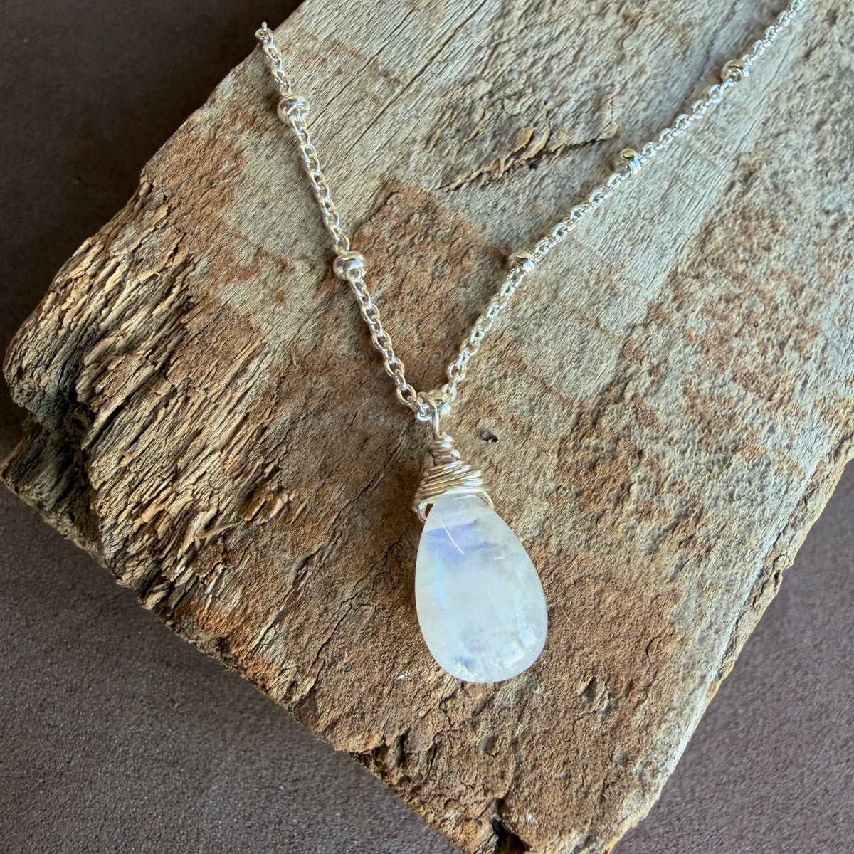 Rainbow Moonstone Teardrop Sterling Silver Necklace