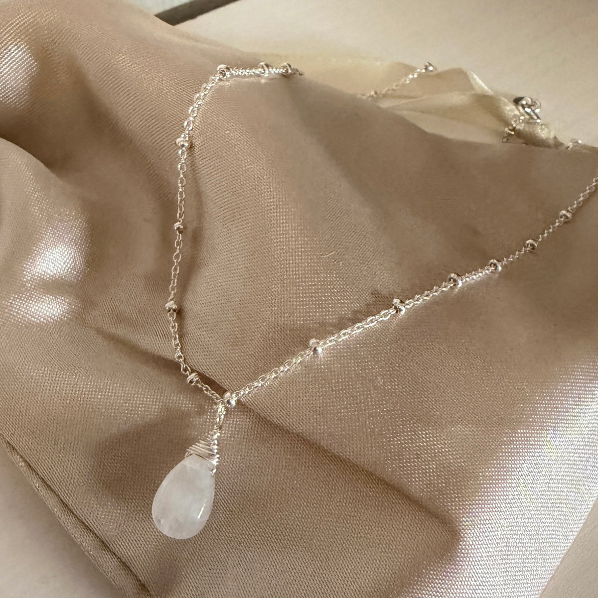 Rainbow Moonstone Teardrop Sterling Silver Necklace