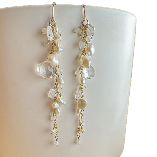 3" Crystal Quartz and Pearl Earrings