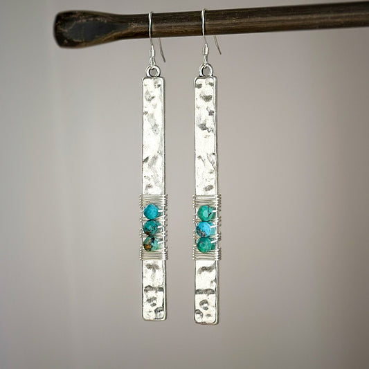 Hammered Silver Bar Earrings with Faceted Tibetan Turquoise Stones 3" Long