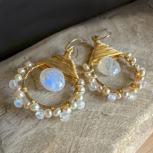 Gold Wrapped Rainbow Moonstone Earrings, 1-3/4" Long