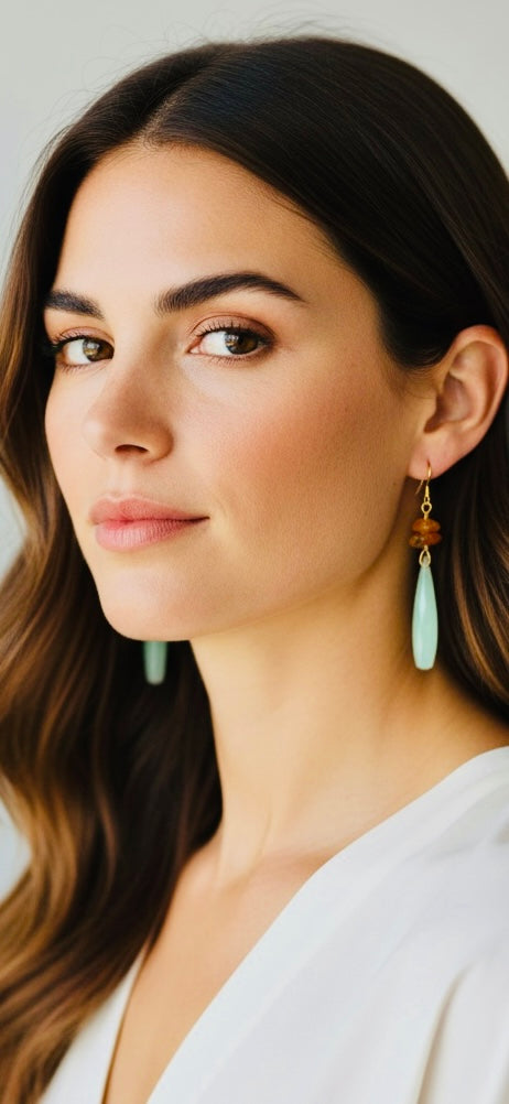 Carnelian and Aqua Blue Chalcedony Drop Earrings in Gold