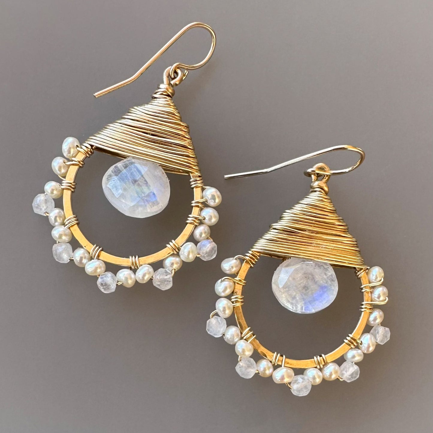 Gold Wrapped Rainbow Moonstone Earrings, 1-3/4" Long