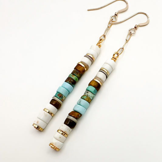 Turquoise and Shell Heishi Earrings 3" Long